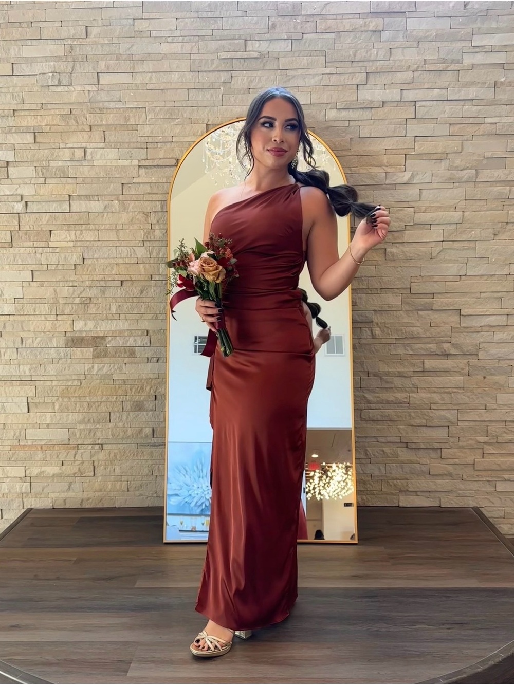 Elegant One-Shoulder Rust Evening Gown